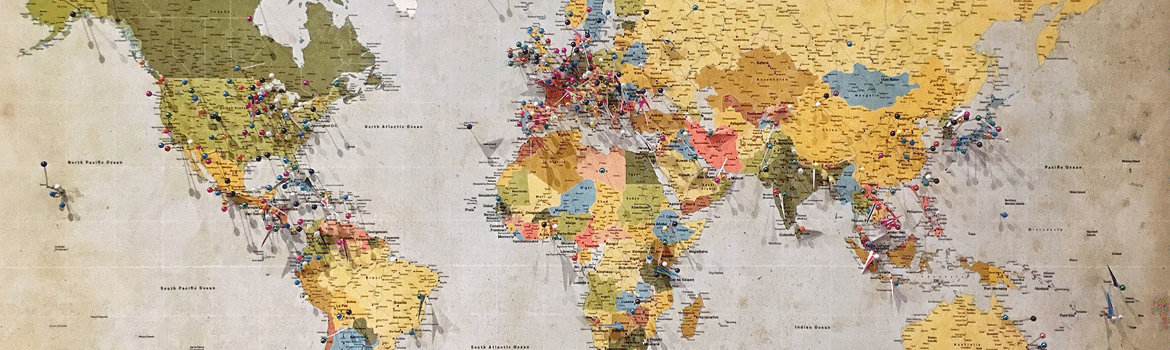 Map of the world with pins in various locations